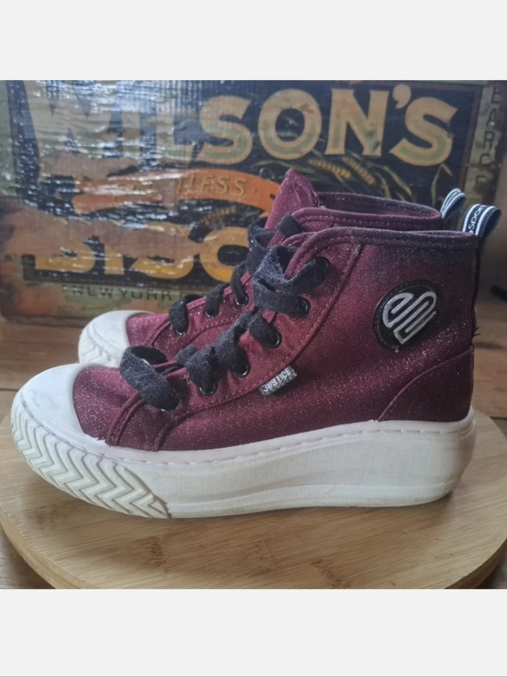 Justice Kids High Top Sneakers Size 4 Burgundy Glitter Lug Sole Casual Shoes